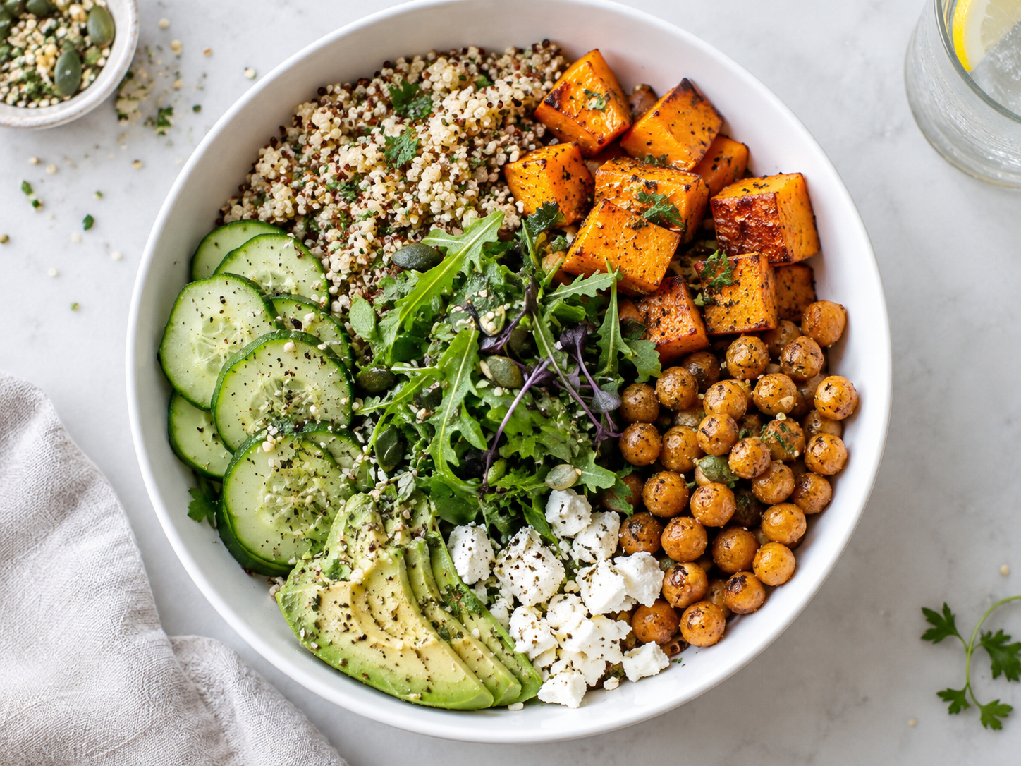 Quinoa bowl with chickpeas, fresh greens and roasted vegetables